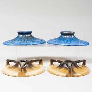 Two Pairs of Fulper Pottery Glazed Candlesticks
