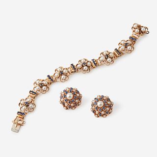 A fourteen karat gold, sapphire, and cultured pearl bracelet with matching ear clips,