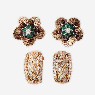 Two pairs of gold and gem-set earrings,