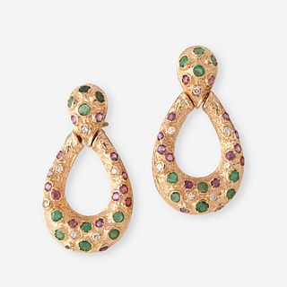 A pair of fourteen karat gold, emerald, ruby, and diamond earrings,