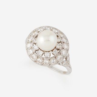 A pearl, diamond, and platinum ring,