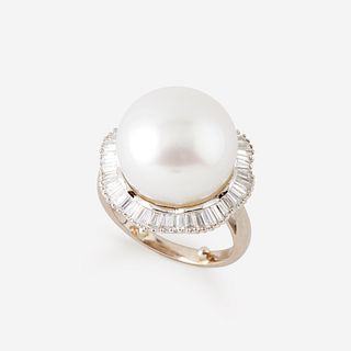 A cultured pearl, diamond, and eighteen karat white gold ring,