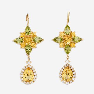 A pair of peridot, yellow sapphire, yellow beryl, and eighteen karat gold earrings,