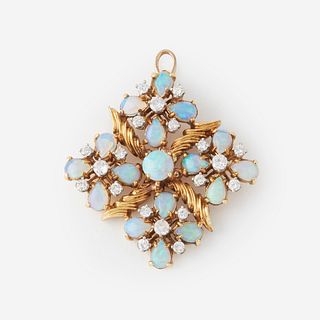 An opal, diamond, and eighteen karat gold pendant,