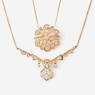 Two fourteen karat gold and diamond pendant necklaces,
