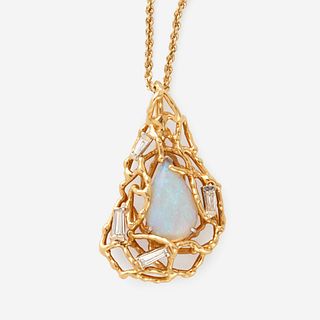 An opal, diamond, and eighteen karat gold pendant,