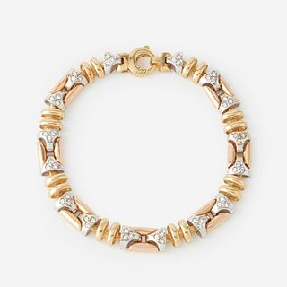 A tri-color eighteen karat gold and diamond bracelet,