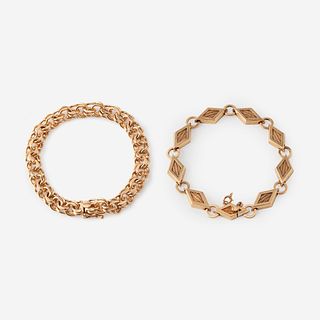 Two fourteen karat gold bracelets,