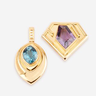 A collection of two gem-set, diamond, and eighteen karat gold pendant/brooches, Bruno Guidi, Brazil