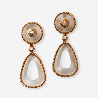 A pair of eighteen karat gold, diamond, and glass earrings,