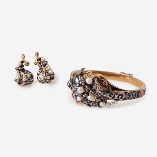A Victorian eighteen karat gold, enamel, diamond, and pearl suite,