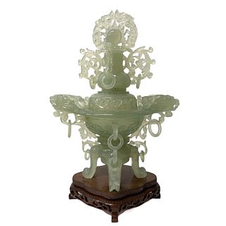 Decorative Jade Jar on Wooden Pedestal