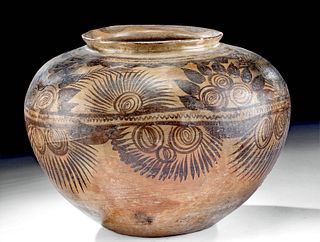 Mexican Bi-chrome Pottery Jar w/ Botanical Motif
