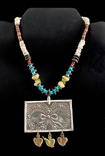 20th C. Mexican Stone Beads & Spratling Silver Pendant