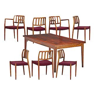 MOLLER; SKOVBY Dining table and seven chairs