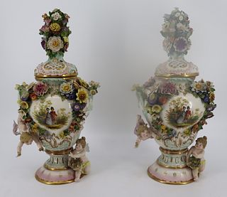 2 Meissen Style Lidded Porcelain Urns.
