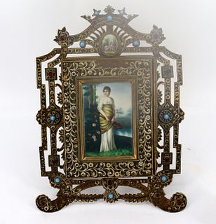 Antique Gilt Metal, Bejeweled Tri Fold  Mirror