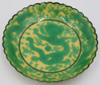 Signed Chinese Green and Yellow Dragon Dish.