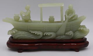 Carved Jade Figural Grouping of Fisherman on Boat.