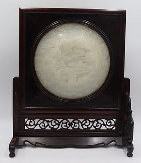 Carved White Jade Plaque Table Screen.