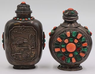 (2) Tibetan Silver Inlaid Snuff Bottles.