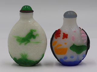 (2) Carved Overlay Glass Snuff Bottles.