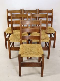 6 Stickley Style Oak Arts & Crafts Chairs