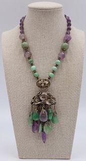JEWELRY. Chinese Silver Amethyst and Jade Necklace