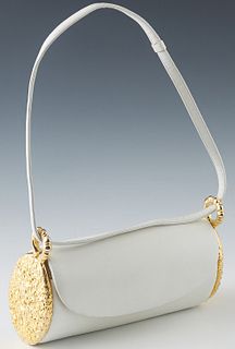 Vintage Judith Leiber White Leather and Gold Barrel Handbag, the flap with a push gold brass button clasp, opening to an open interior lined with ivor