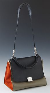 Celine Tri-Color Trapeze Bag, with silver hardware and box flap closure, the interior of the bag lined in taupe leather with two open side compartment