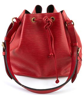 Louis Vuitton Noe Red PM Epi Leather Shoulder Bag, with red stitching and brass hardware, opening to a black suede interior with key ring, the strap w