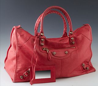 Balenciaga Coral Pink Leather Giant Handbag, with brass hardware, the interior of the bag lined in black canvas with a zip closure pocket on one side 