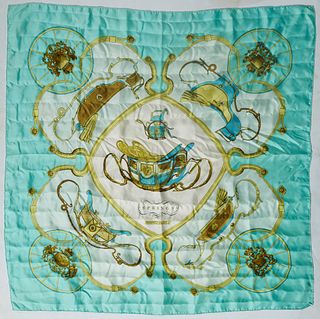 Hermes 'Springs' Silk Scarf, by Philippe LeDoux, first issued in 1974, with a carriage motif and teal background, with hand rolled edges, H.- 36 in., 