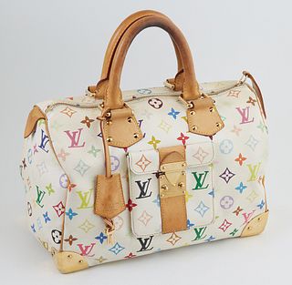 Louis Vuitton White Coated Canvas Multicolor Monogram 30 Speedy Handbag, with golden brass hardware and vachetta leather accents, opening to a blood r