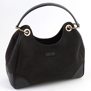 Gucci Black Canvas Colbert Hobo PM Shoulder Bag, with gold hardware, opening to a black canvas lined interior with a zip closure side pocket, the hand