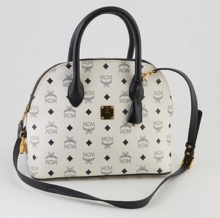 MCM Navy Blue and White Visetos Coated Canvas Zip Dome Shoulder Bag, the gold accents with adjustable shoulder strap, gold cadena and keys in clochett