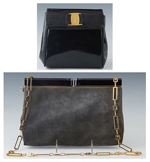 Two Vintage Handbags, one a Charles Jourdan Grey Suede Clutch, with gold hardware and black lucite snap closure, the interior of the bag lined in a bl