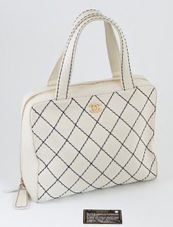 Chanel White Calf Leather GM Wild Stitch Bowling Bag, c. 2000, with double white leather handles and gold hardware, the interior of the bag lined in w
