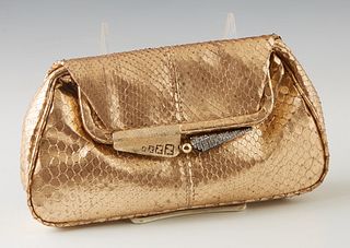 Gold Fendi Python Evening Bag, with silver and gold tone hardware and two snap closures, opening to a teal silk lined interior with one side pocket, C