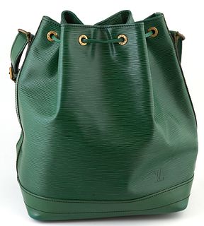 Louis Vuitton Green Noe Black GM Epi Leather Shoulder Bag, with black stitching and brass hardware, opening to a black suede interior with side zip co