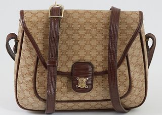 Vintage Celine Macadam Coated Canvas Shoulder Flap Bag, with adjustable brown leather strap and gold hardware, the interior of the bag lined in beige 