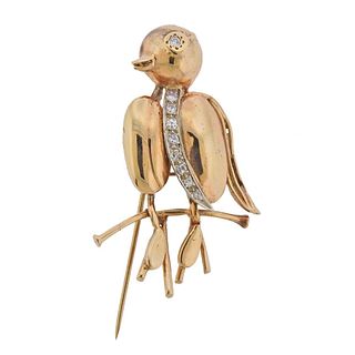 14k Gold Diamond Bird Brooch Pin