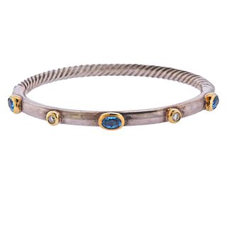 David Yurman 18k Gold Silver Diamond Topaz Cable Bracelet