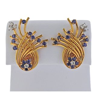 Mid Century 14k Gold Diamond Sapphire Earrings 