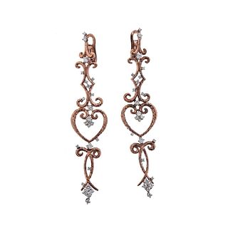 Italian 18K Rose Gold Diamond Long Drop Earrings