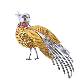 18k Gold Ruby Diamond Peacock Bird Brooch 