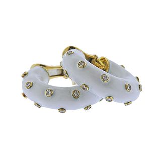 David Webb 18K Gold Diamond Enamel Hoop Earrings