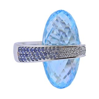 Io Si 18K Gold Blue Topaz Diamond Sapphire Cocktail Ring