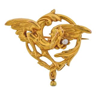 French 18k Gold Pearl Griffin Brooch Pin 