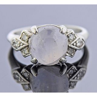 Art Deco Platinum Sapphire Cabochon Diamond Ring 